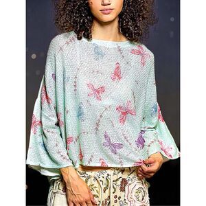 POL Butterfly Knit Top Boho Dolman Sleeve Oversized Mint Lightweight Sweater NEW